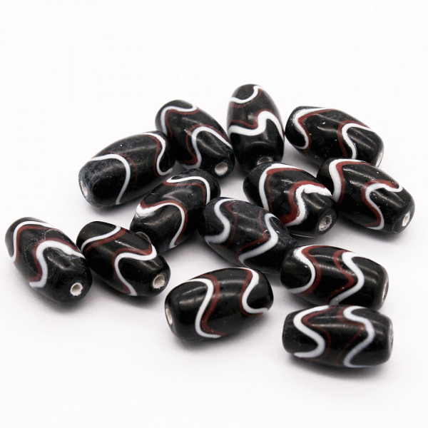 Schwarze Glasperle weiß rotes Fadenmuster 1394