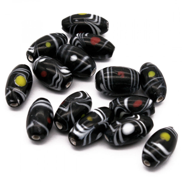 Schwarze Glasperle weißes Fadenmuster bunte Punkte 1393